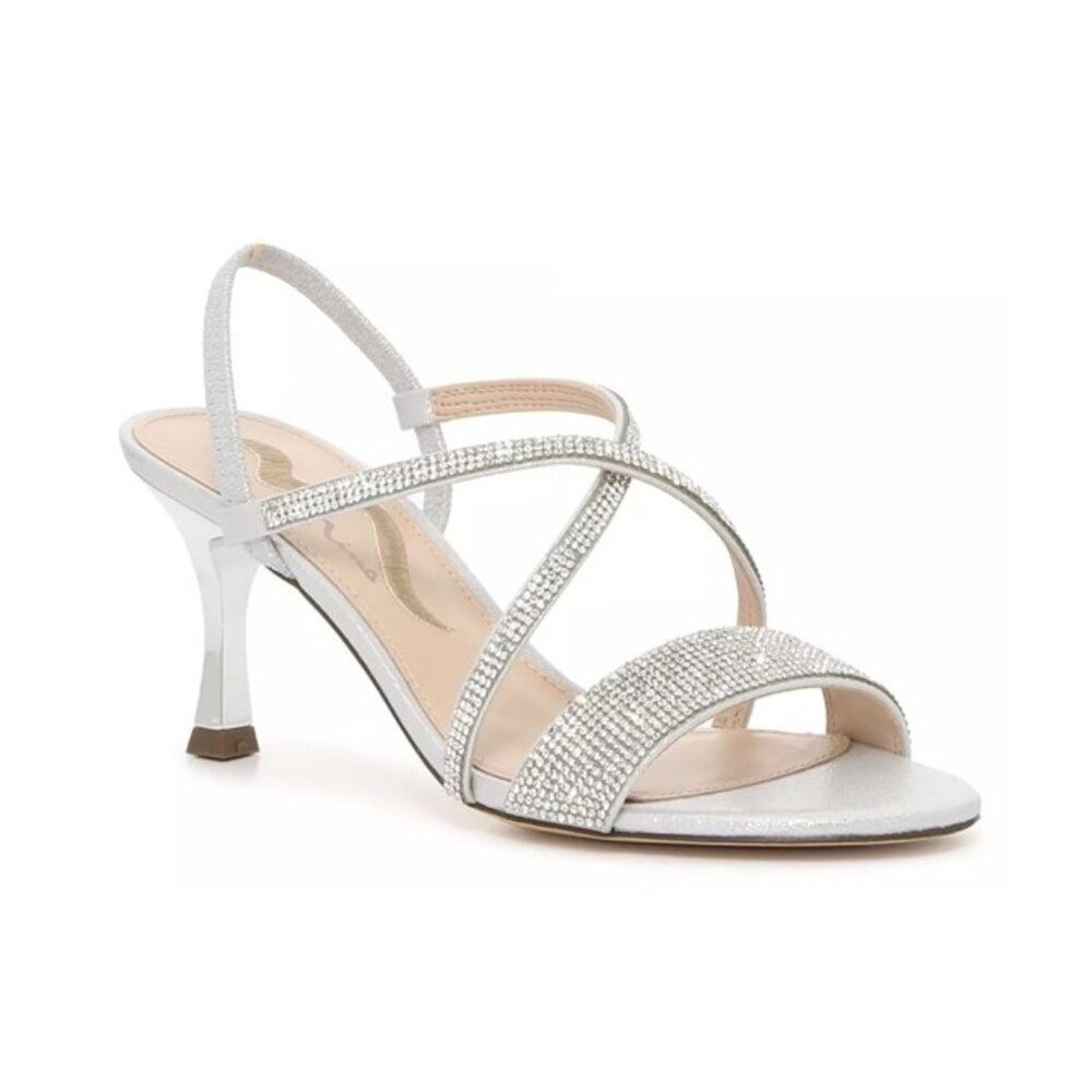 Silver Sparkly Rhinestone Strappy Slip-on Flared Heel Sandals Nina Sz 9.5 Party